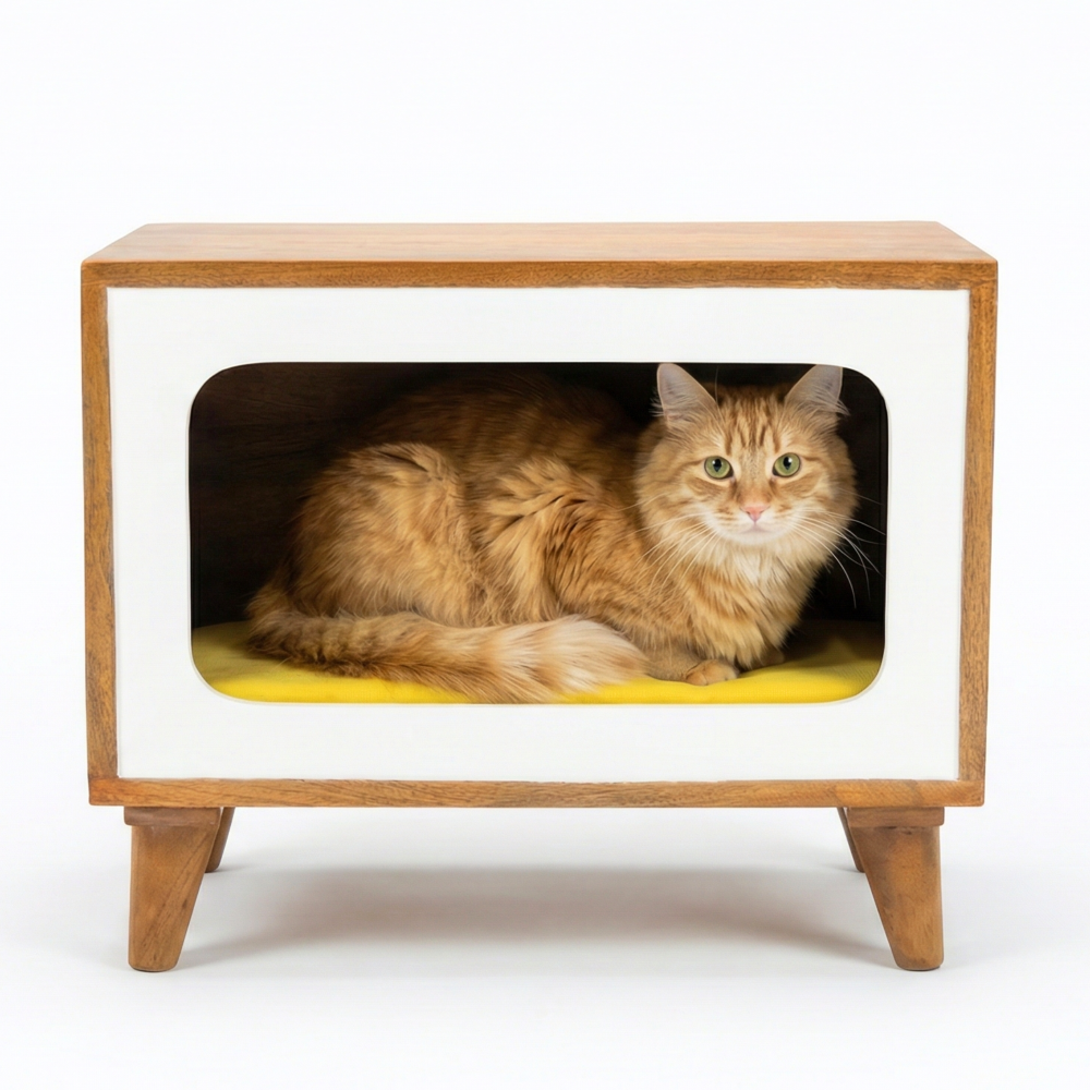 FurryLiving Telly Side Table with Cushion for Small Dogs and Cats (Honey/Yellow Cushion)
