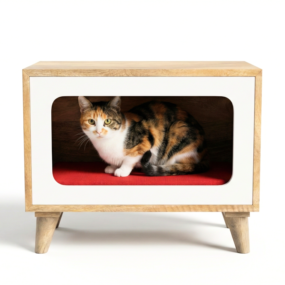 FurryLiving Telly Side Table with Cushion for Small Dogs and Cats (Oak/Red Cushion)