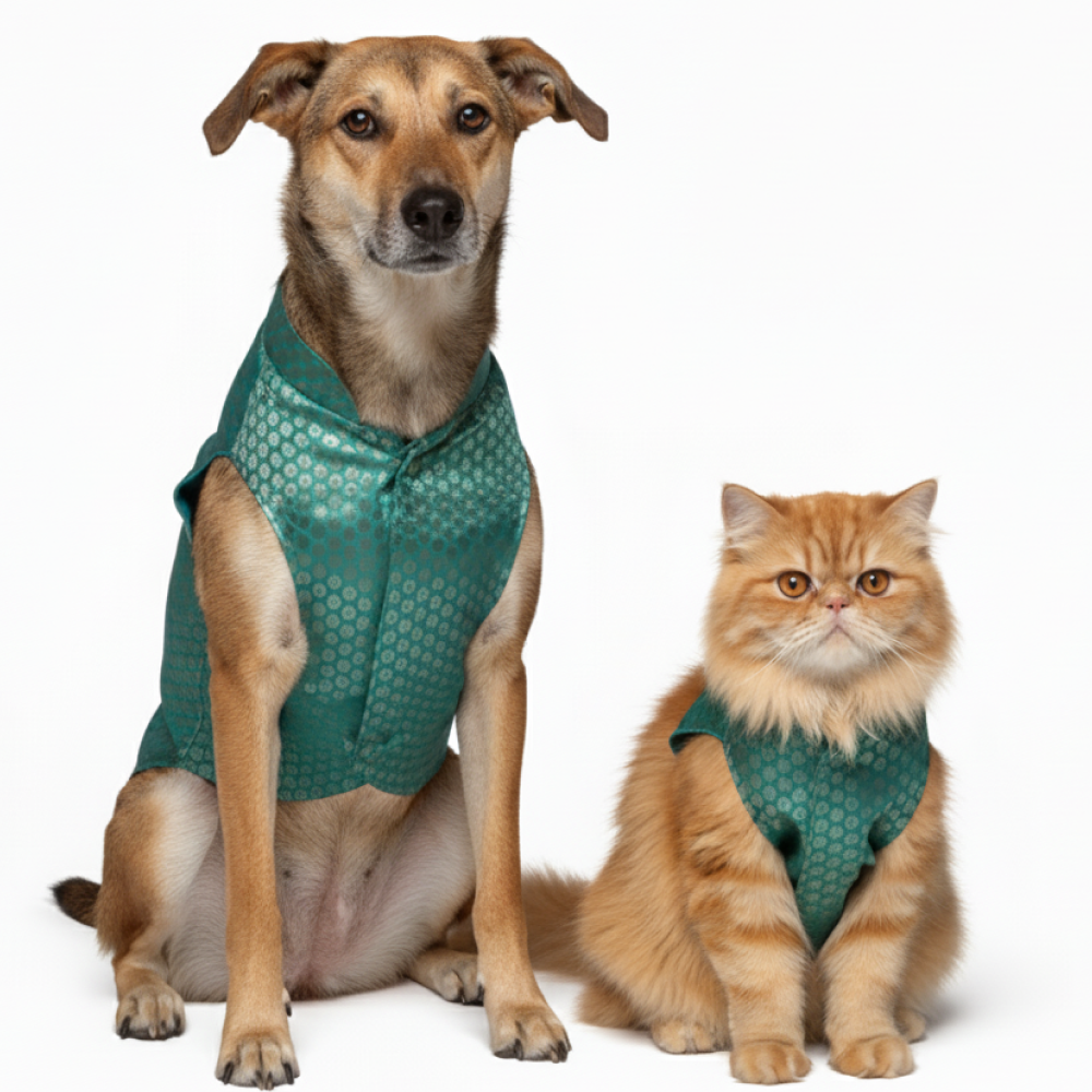 Skatrs Brocade Gold Printed Sherwani for Dogs and Cats (Teal)