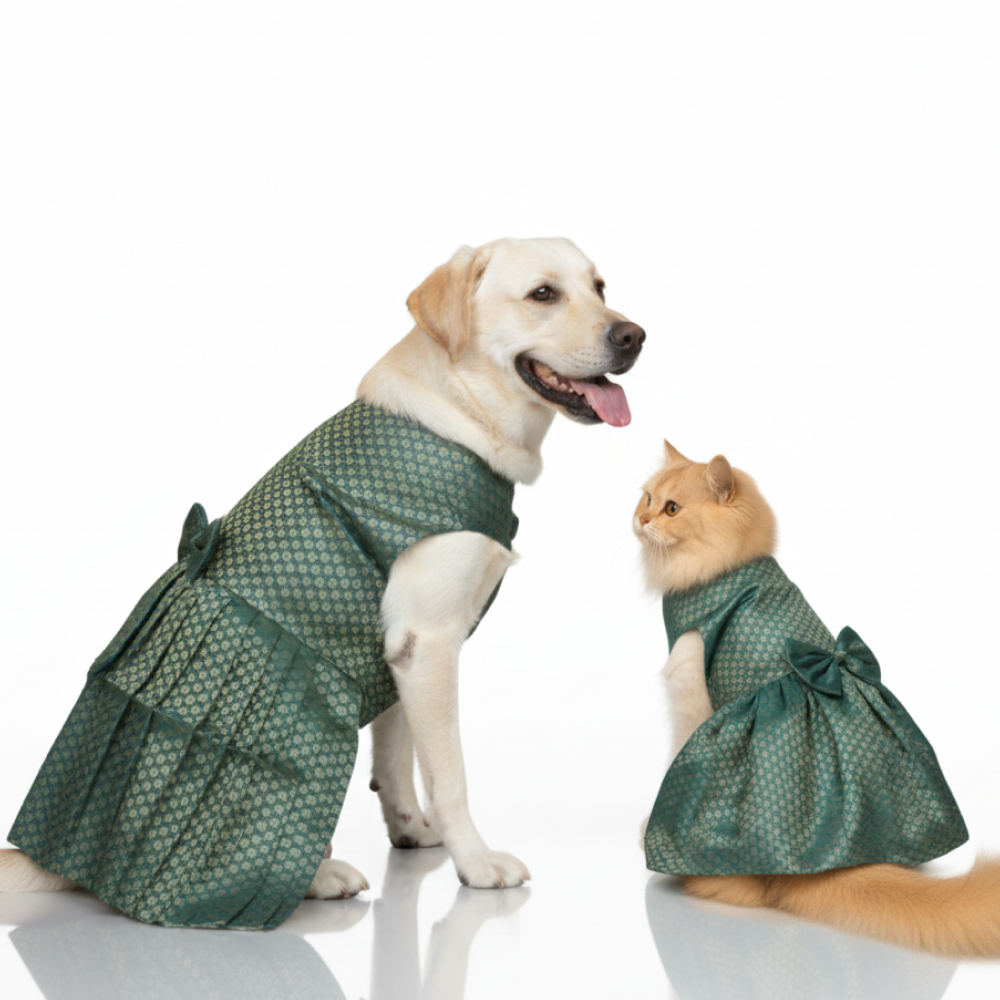 Skatrs Brocade Gold Printed Dress for Dogs and Cats (Teal)